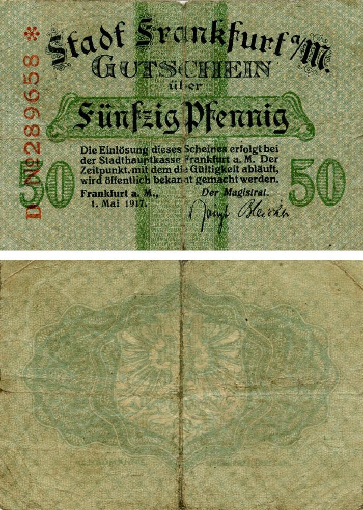 Коллекционная банкнота Германия Нотгельд 50 пфеннигов 1917 F-VF Франкфурт (Б18638)