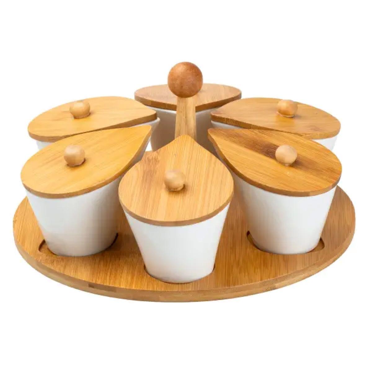 Набір баночок для сипучих продуктів порцелянових на бамбуковій підставці 6 шт. по 100 мл (HP258) - фото 2 Набір баночок для сипучих продуктів порцелянових на бамбуковій підставці 6 шт. по 100 мл (HP258) - фото 2