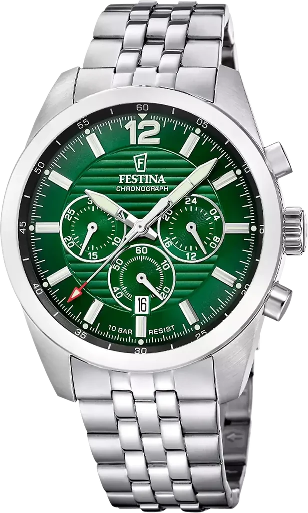 Наручные часы мужские Festina F20742/5 Timeless Chronograph со стальным корпусом WR 100 м и зеленым циферблатом