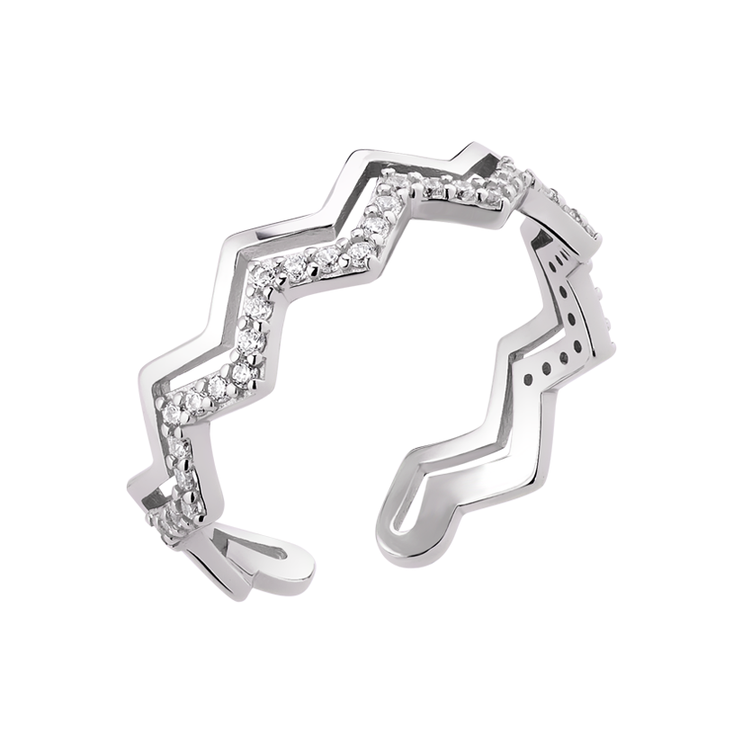 Кольцо серебряное Зигзаг – оригинальный открытый дизайн с белыми фианитами р. 18