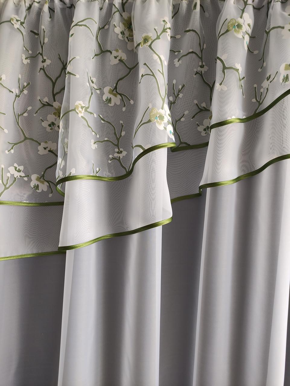 Тюль на окно Сакура шифон с двойным ламбрекеном 290х170 см. Белый с зеленым (сакура-01) - фото 2