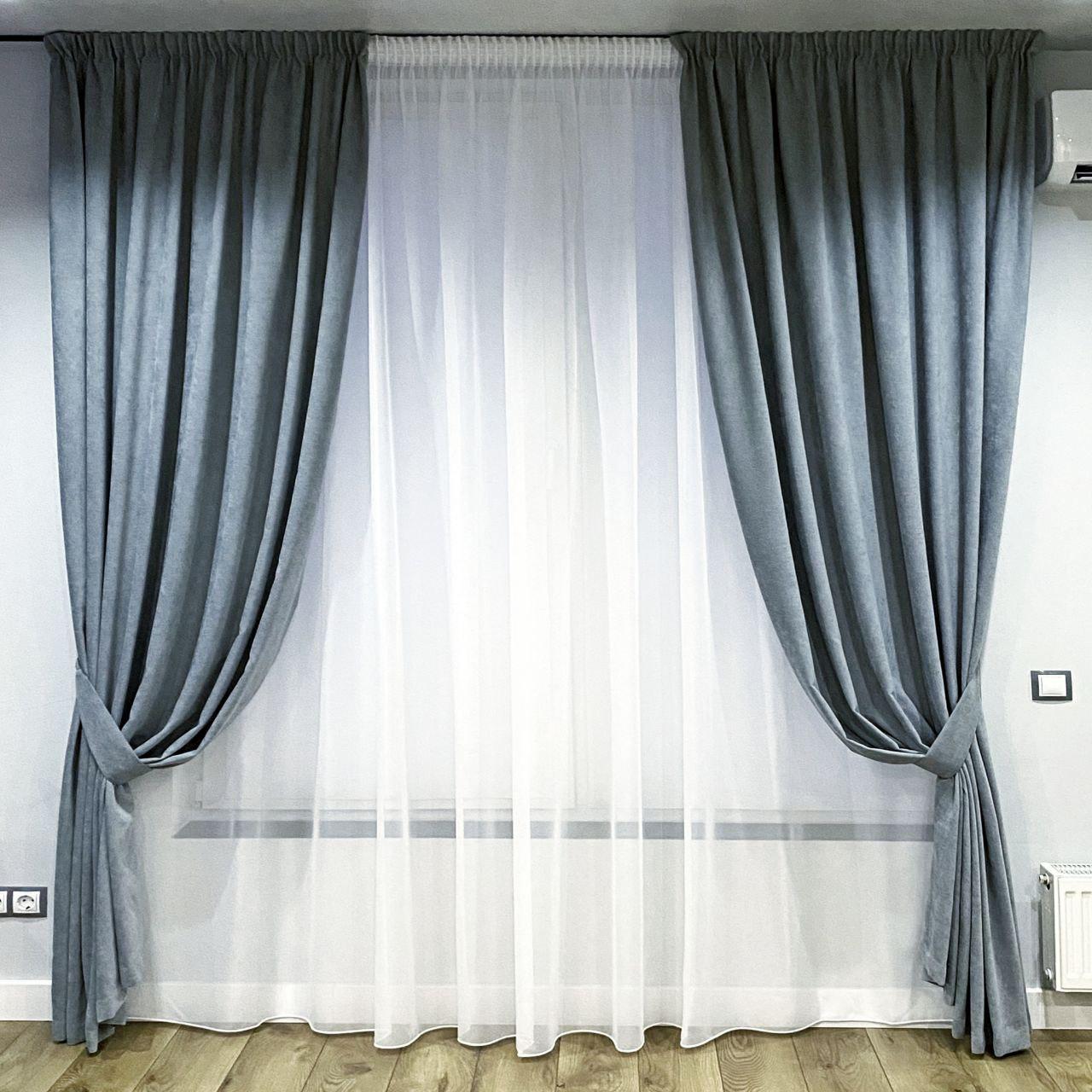 Шторы на тесьме с подхватами 280х250 см микровелюр 2 шт. и тюль вуаль 700х250 см Серо-синий/Белый (402114-МТ221/280-700)