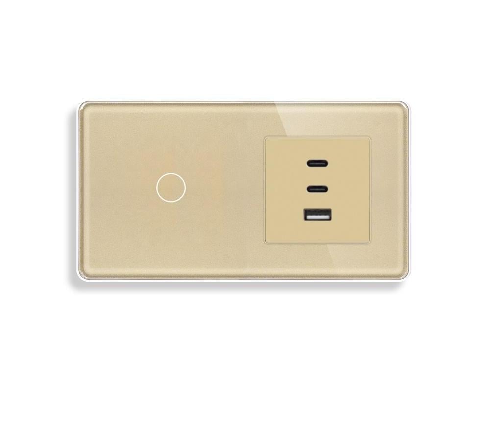 Выключатель проходной/сенсорный ELIOS с розеткой USB A+C+C 65Вт стекло Золотой