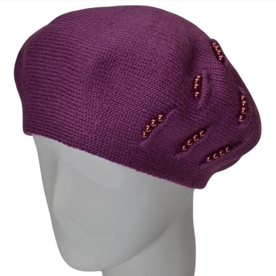 Берет женский Lirus Вишня из шерсти двойной с бусинами Сиреневый