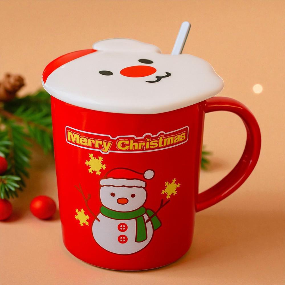 Чашка новогодняя с крышкой и ложкой Снеговик керамика 380 мл Чашка новогодняя с крышкой и ложкой Снеговик керамика 380 мл