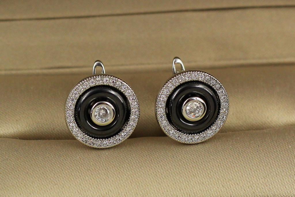 Серьги Xuping Jewelry пуговицы с черной керамикой 1,3 см Серебристый