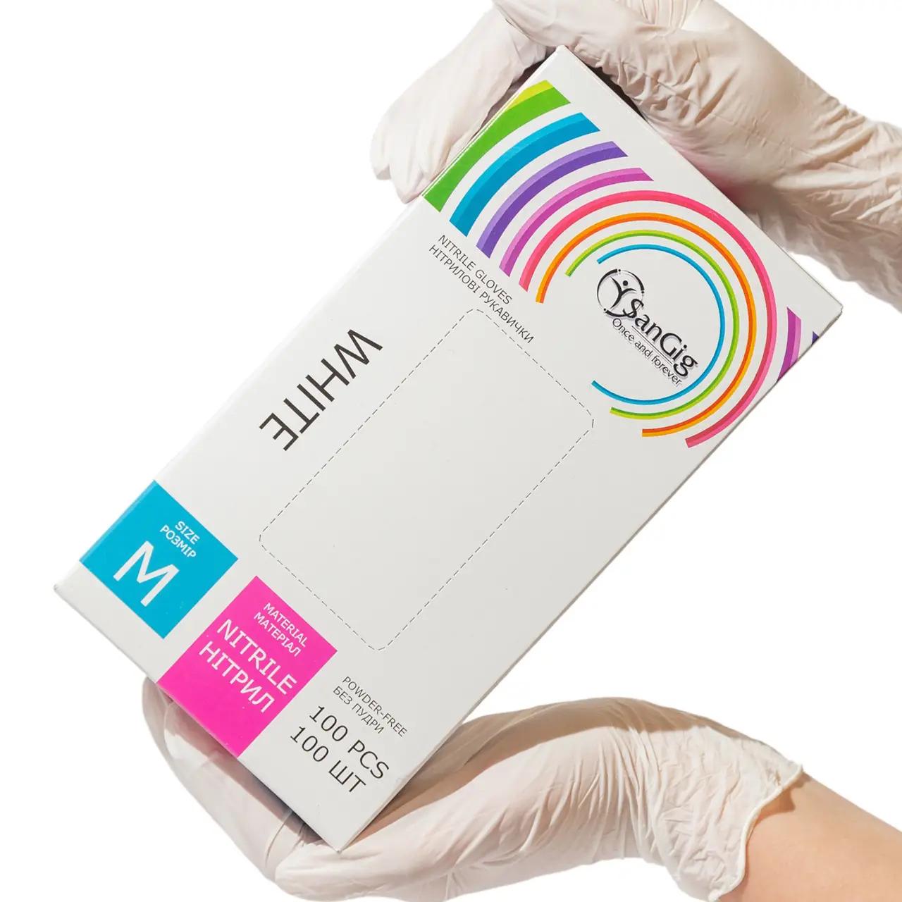 Перчатки нитриловые SanGig M р. 7-8 3,5 г 100 шт. Белый (26141089) - фото 1 Перчатки нитриловые SanGig M р. 7-8 3,5 г 100 шт. Белый (26141089) - фото 1