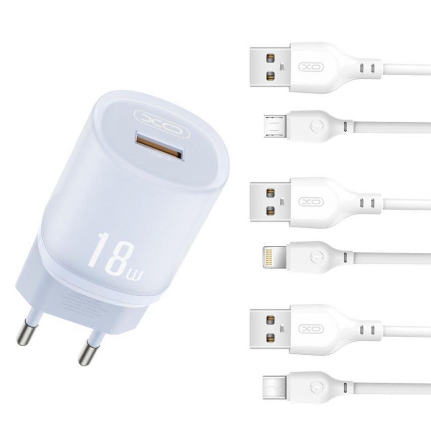 Зарядний пристрій мережевий Xo L157 1USB/QC3.0/18 W + Data Cable USB to Type-C Blue