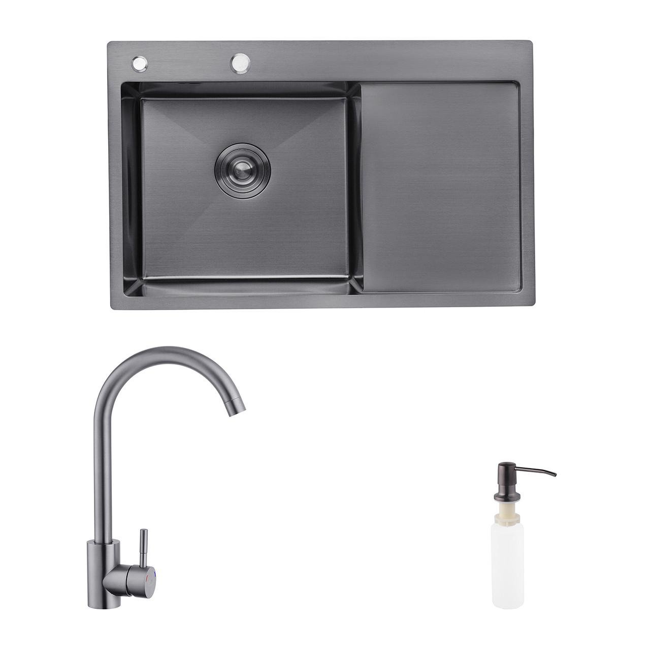 Комплект кухонная мойка Kroner Schwarze-7849LHM PVD/смеситель Edelstahl Klassisch-SCH035PVD/дозатор (2669564682)