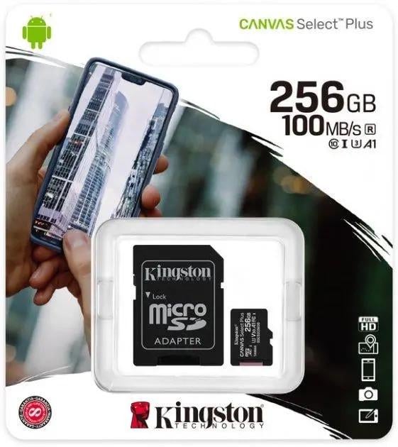 Карта памяти Kingston microSDXC Canvas Select Plus Class 10 UHS-I U1 V10 A1+SD-адаптер 256GB Full HD и 4K (2548091757) - фото 3