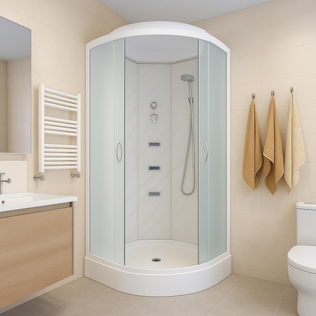 Душевой бокс TKF100/1 WG полукруглый поддон 15 см с гидромассажем стекло прозрачное100х100x215 см Белый оникс (А0046385)