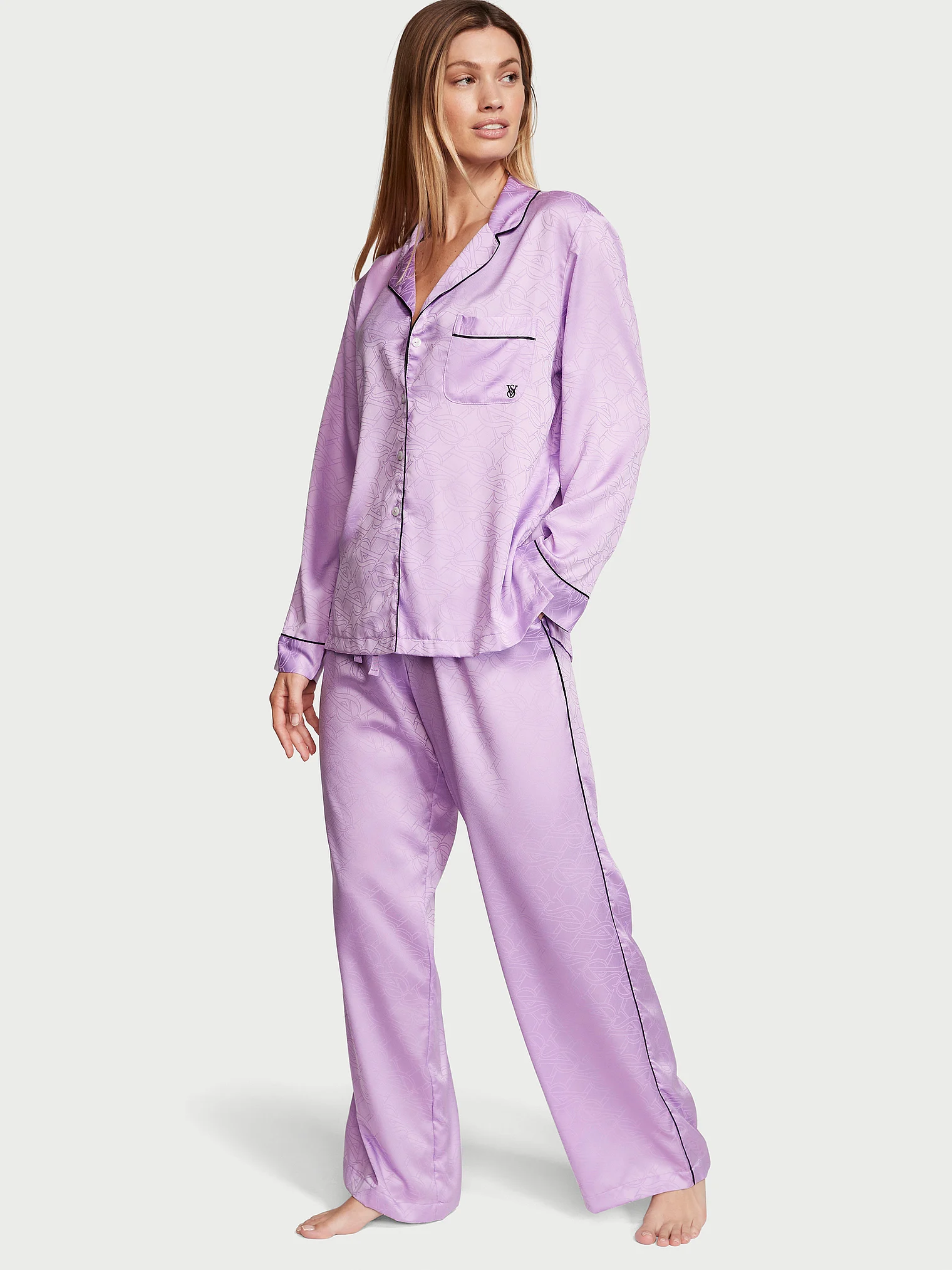 Піжама жіноча Victoria's Secret Satin Long Pajama Set сатинова XL Фіолетовий (15408861)