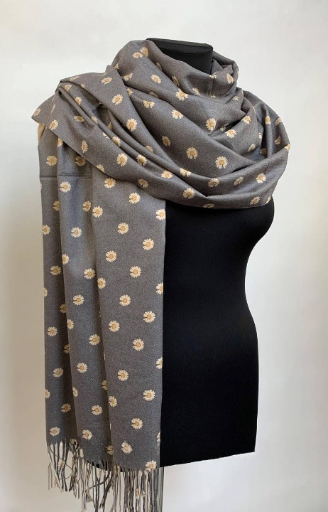 Шарф кашемировый Ромашка двухсторонний Темно-серый (ШарфКаш10)