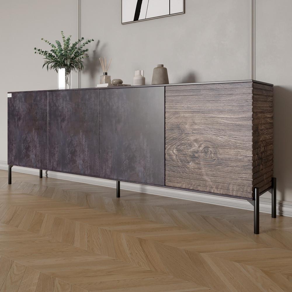 Комод в гостиную на черных металлических ножках Lion Грей 204x38x76,5 см Бетон темный/Дерево (Lion-042515)