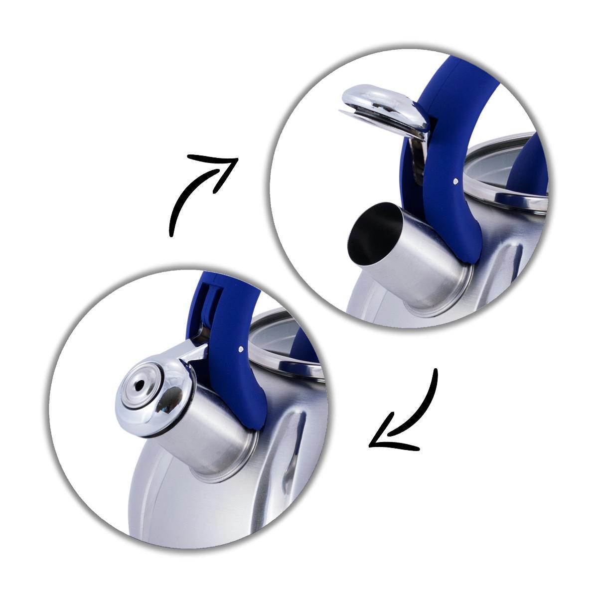 Чайник зі свистком та скляною кришкою Kamille KM-0671 із нержавіючої сталі 3 л Сталевий/Синій (150-84-0671.1) - фото 2