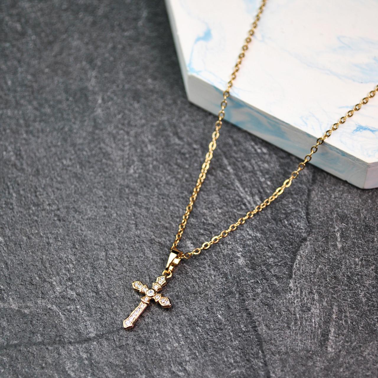 Кулон крестик с фианитами на цепочке медицинская сталь позолота (x238-2)