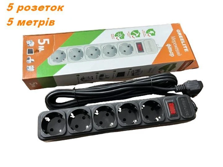 Подовжувач мережевий фільтр GREELITE SP5 на 5 розеток 5 м Чорний (4800) - фото 2