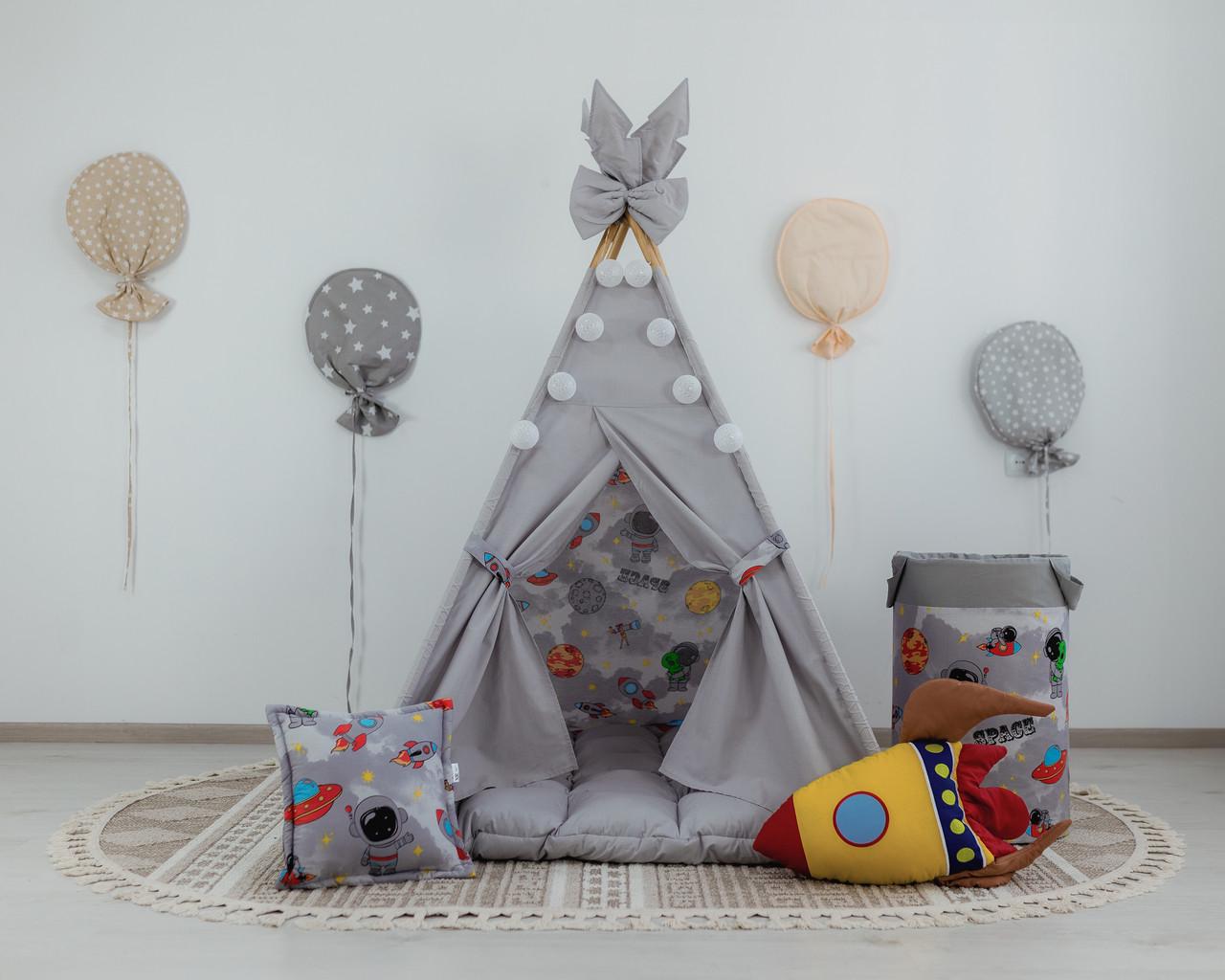 Вігвам дитячий Космос з килимком бон бон з подушками з кошиком для білизни - фото 4 Вігвам дитячий Космос з килимком бон бон з подушками з кошиком для білизни - фото 4