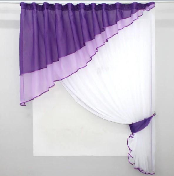 Комплект штор на кухню с ламбрекеном 270х170 см Фиолетовый/Белый (00к 59-677)