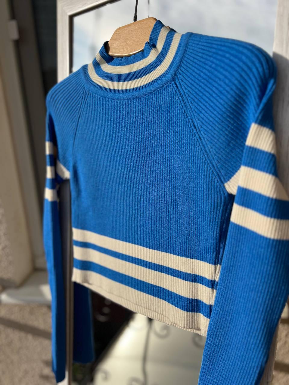 Светр гольф жіночий MIX RAY 6728 смуга кроп-топ короткий OS Синій (1020) - фото 2 Светр гольф жіночий MIX RAY 6728 смуга кроп-топ короткий OS Синій (1020) - фото 2