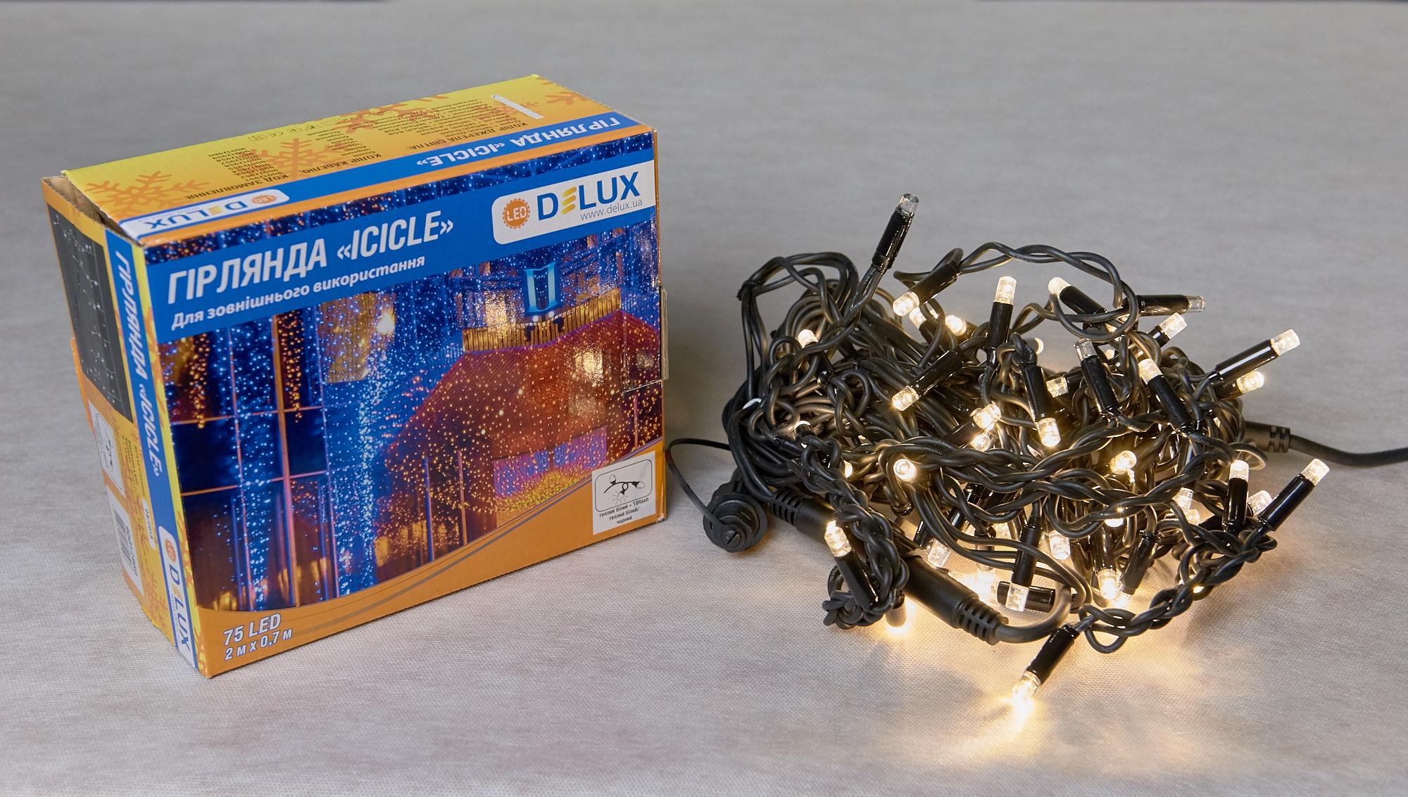 Гирлянда наружная Delux Icicle 75 LED бахрома 2x0,7 м 18 flash IP44 EN Теплый Белый/Черный (90012960) Гирлянда наружная Delux Icicle 75 LED бахрома 2x0,7 м 18 flash IP44 EN Теплый Белый/Черный (90012960)