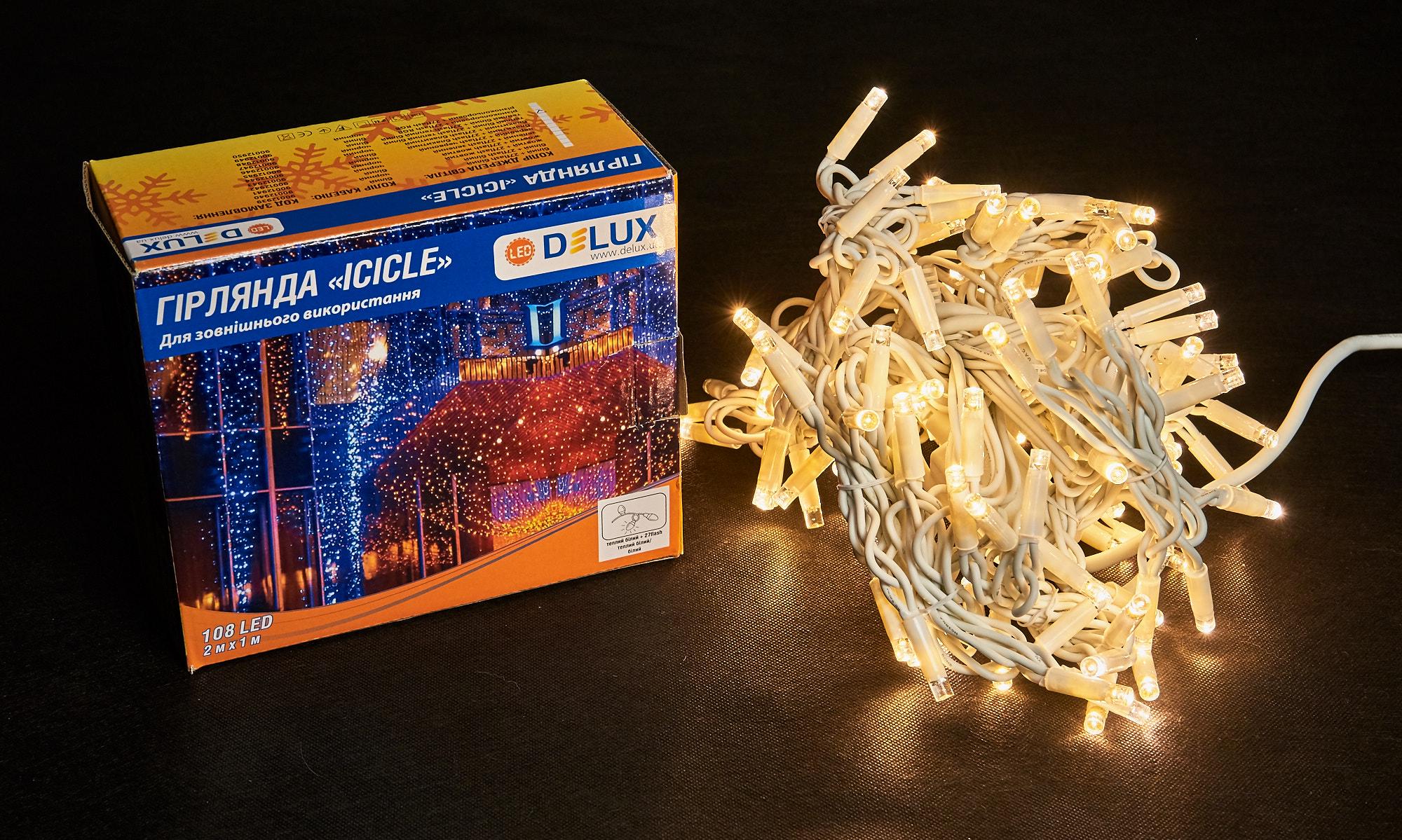 Гирлянда внешняя Delux Icicle 108 LED IP44 EN бахрома 27 flash 2x1 м Теплый белый/Белый (13455391)