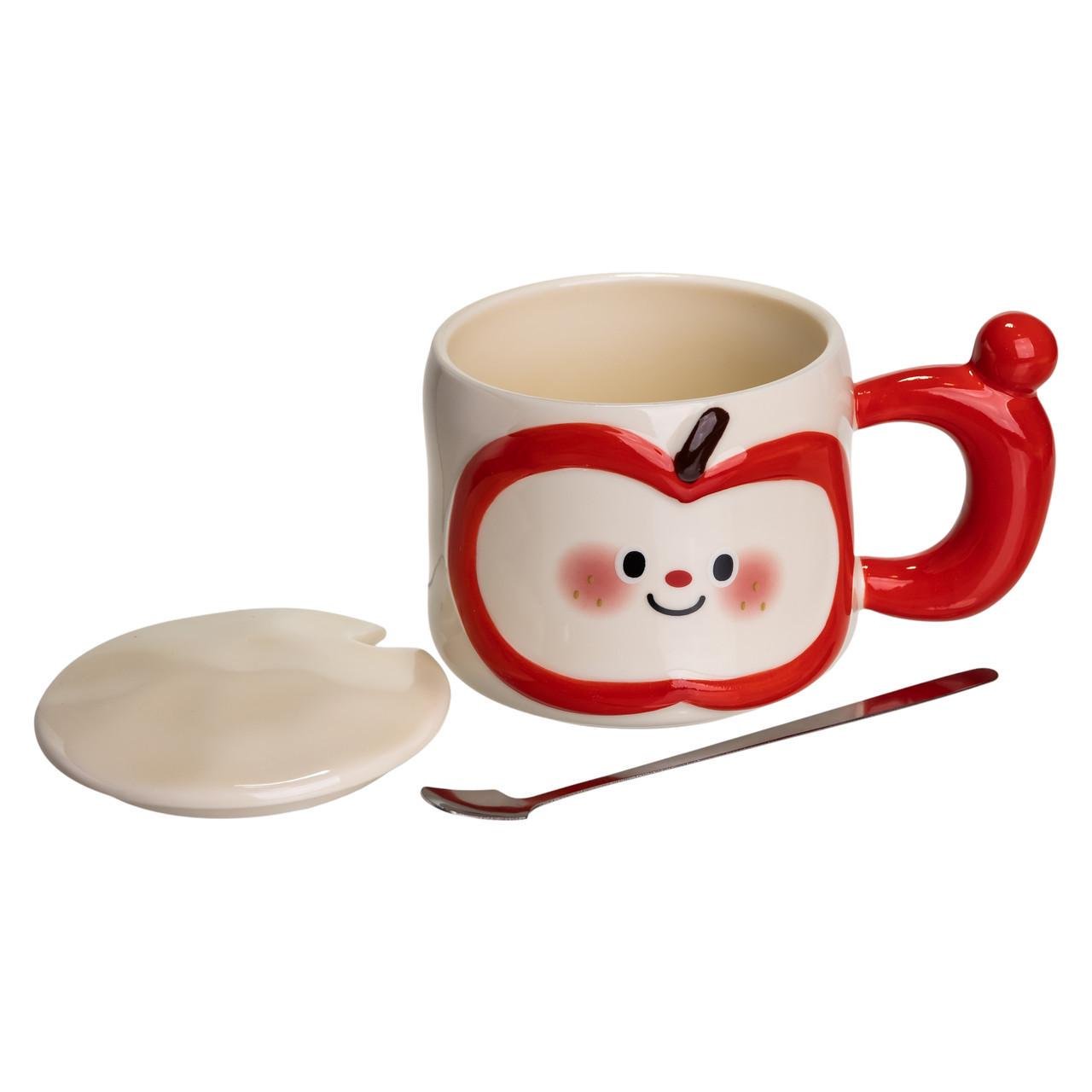 Чашка порцелянова Cute Apple з кришкою та ложкою 400 мл Червоний (FM-25B) - фото 2