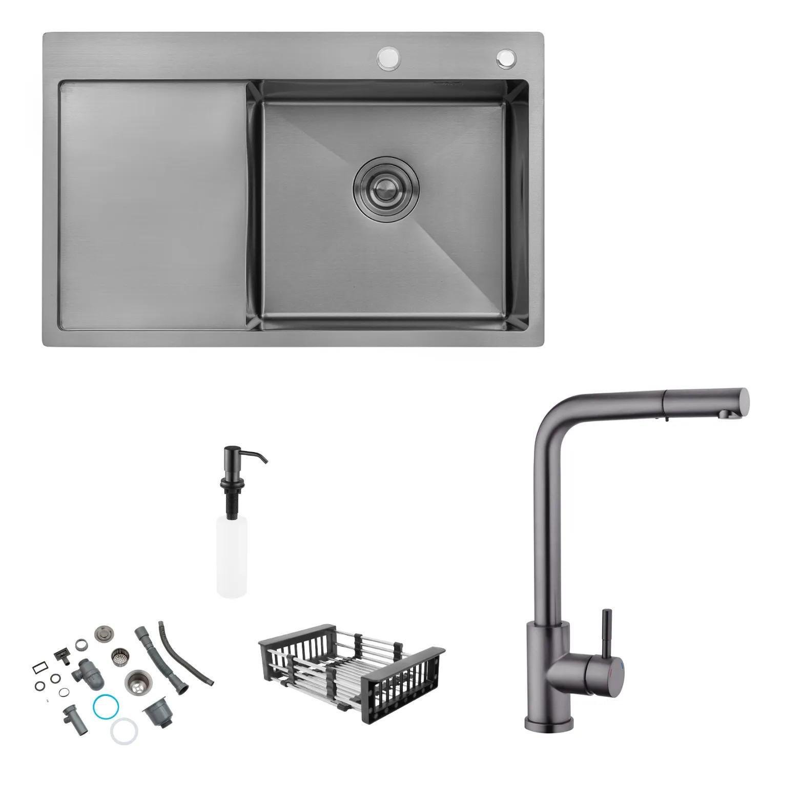 Мойка кухонная Kroner Schwarze 7849RHM PVD правая и смеситель с выдвижным изливом Kroner-PVD03917 Черный