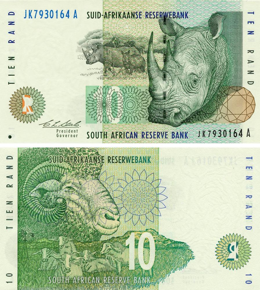 Коллекционная банкнота ЮАР 10 ранд 1993 UNC Носорог (P123a)