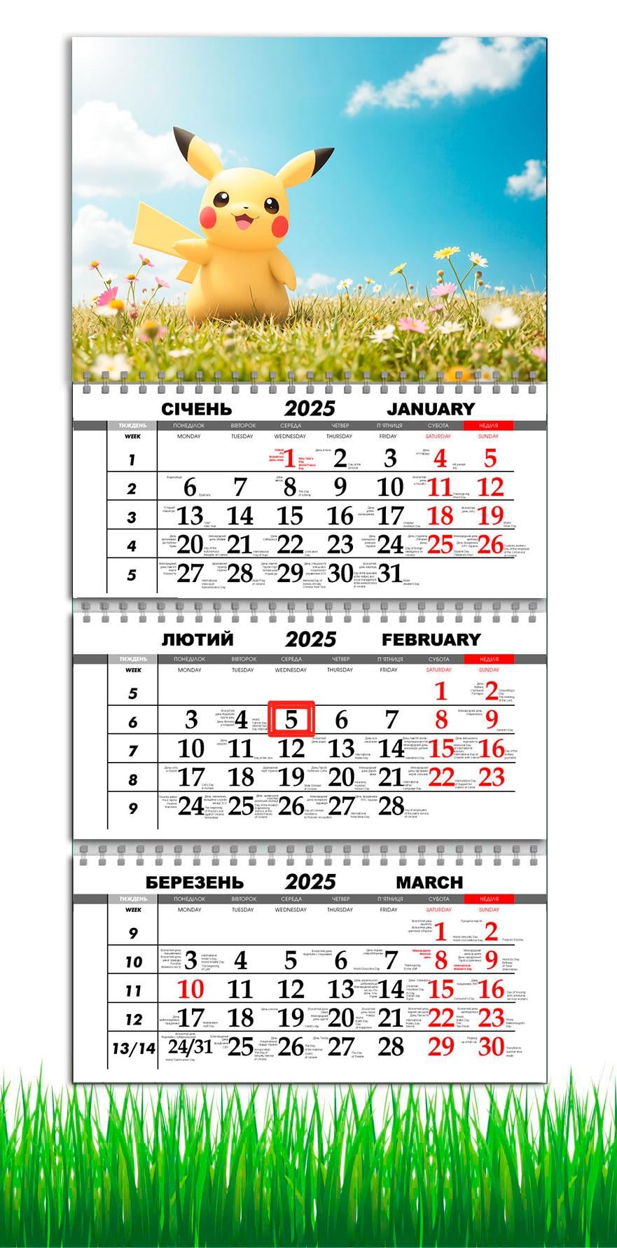 Календарь настенный квартальный на 2025 год APRIORI Пикачу/Покемон на 3 пружины 30х61 см (UA2992)