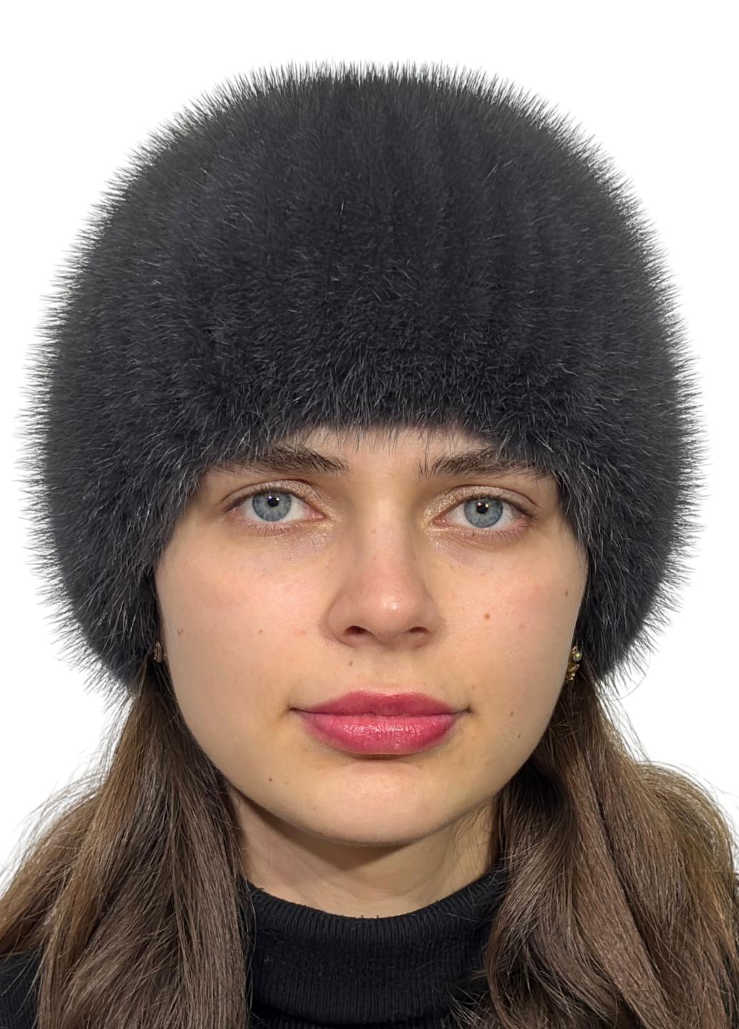 Шапка зимняя женская из вязаной норки Меховой стиль Листок из натурального меха XL/XXL Графитовый (111/T)