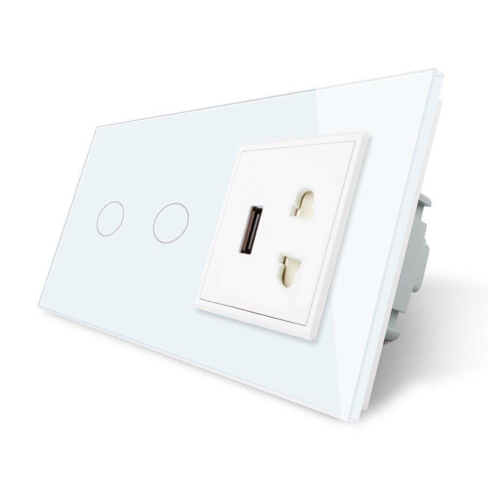 Сенсорный выключатель Livolo 2 сенсора 1 USB 1 розетка универсальная стеклянный Белый (VL-C702/C7USBC1A-11)