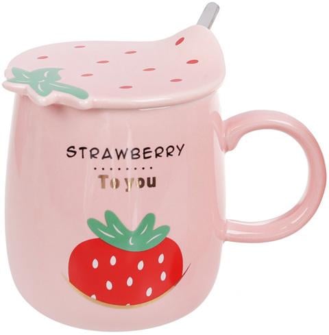 Чашка фарфоровая Клубничка с крышкой и ложкой 420 мл Розовый (BD-927-213) Чашка фарфоровая Клубничка с крышкой и ложкой 420 мл Розовый (BD-927-213)