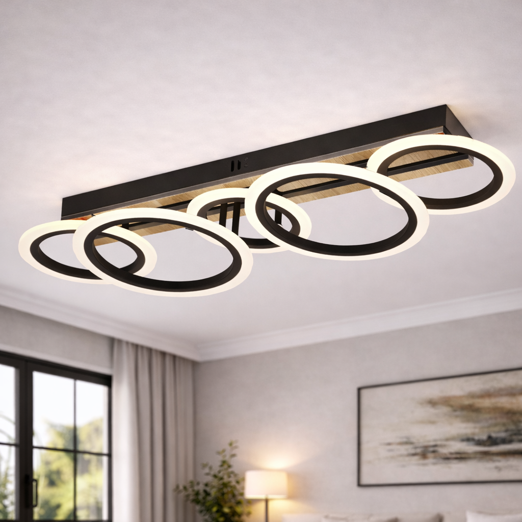 Люстра светодиодная Valeso 86W с кольцевыми рассеивателями 3000K-6500К Черный (G 3300/3+2 BK+Wood)