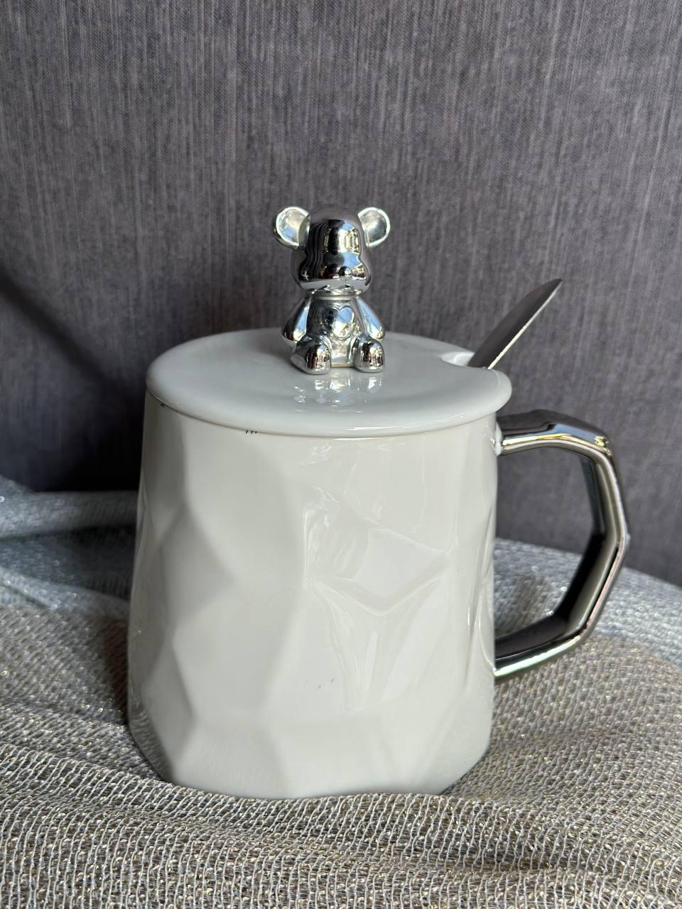 Чашка Мишка с крышкой и ложкой керамика 350 мл Белый