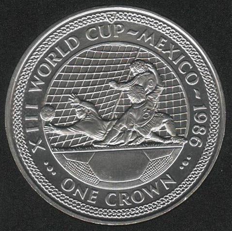 Коллекционная монета Остров Мэн 1 крона 1986 Чемпионат мира по футболу в Мексике UNC Разновидность 2 (KM#163)