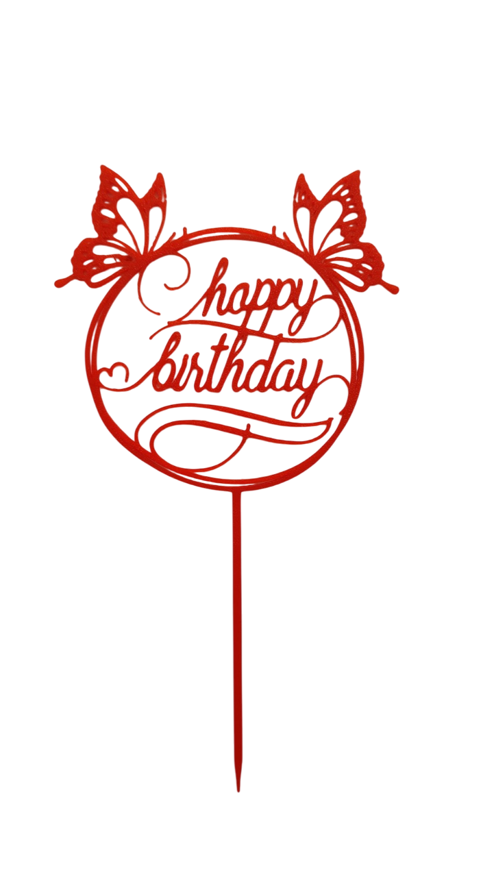 Топпер для торта Happy Birthday с бабочками Красный (710)