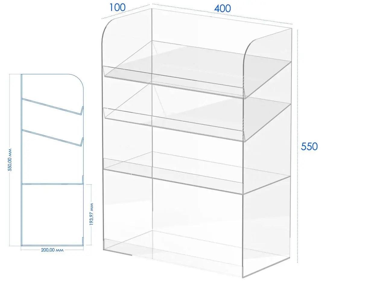 Витрина на 4 полки открытая прикассовая 400х550х100 мм Прозрачный (97840506453) - фото 2