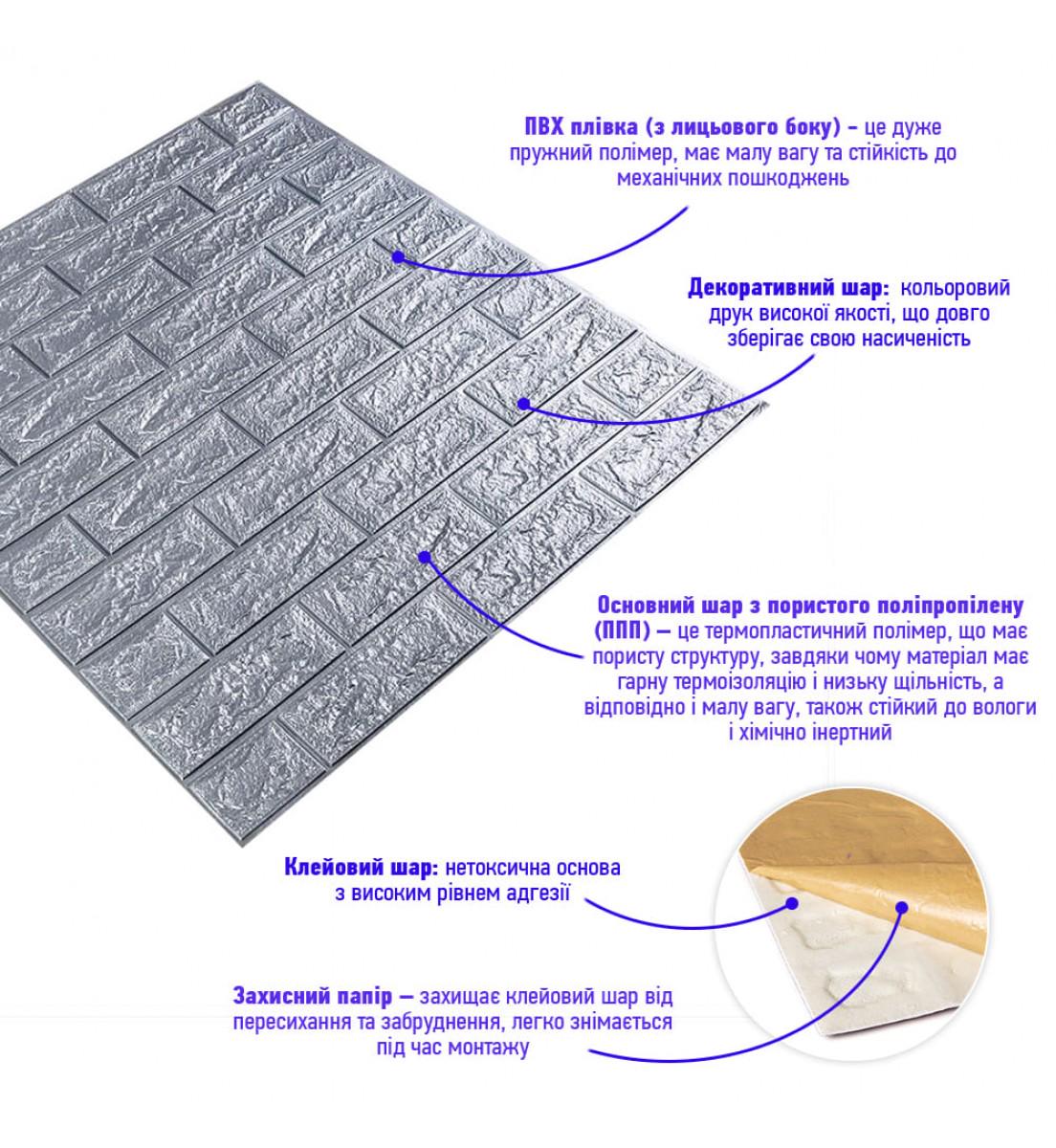 3D-панель самоклеюча/декоративна під цеглу 700x770x2 мм Срібний (OS-BG17-2) - фото 2
