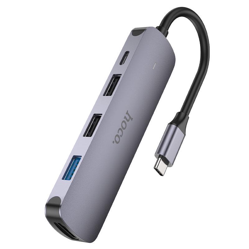 USB-хаб адаптер Hoco HB27 Type-C 4в1 60 W HDTV+3 USB 3,0+USB 2,0+PD Сірий (37562956923) - фото 5