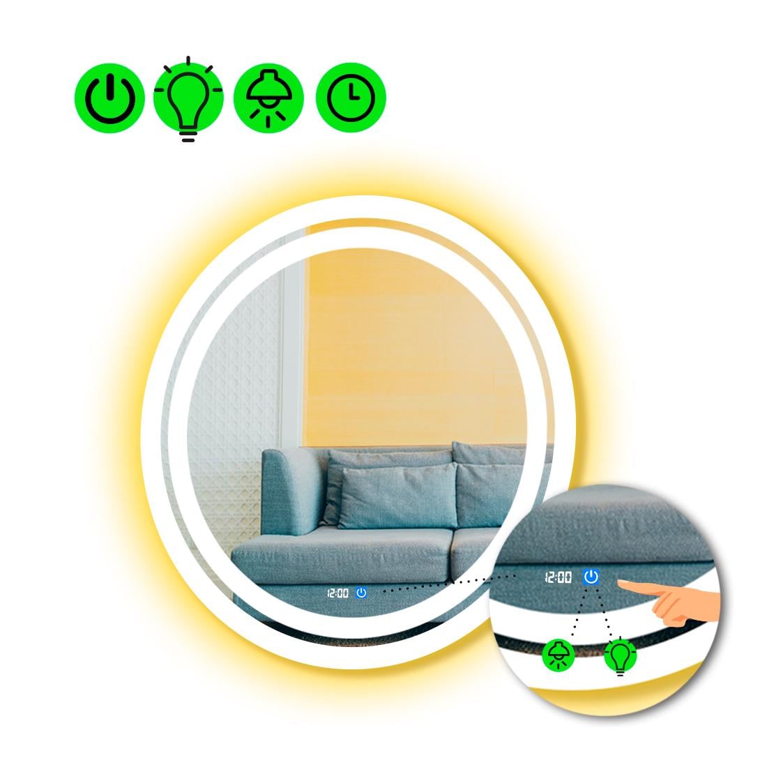 Зеркало с LED подсветкой Carla с сенсором и часами 80x80 см (Carla64)