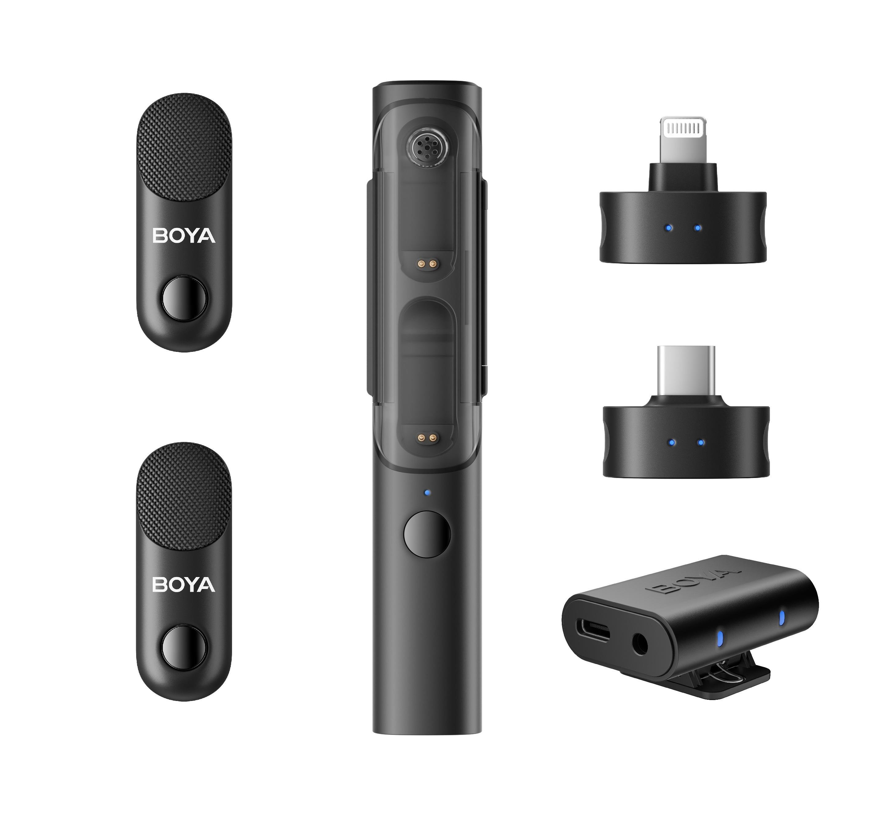 Микрофон-стик петличный для интервью Boya MAGIC-02 COMBO Lightning/USB Type-C/3,5 мм jack система на 2 микрофона с зарядным кейсом (50048)