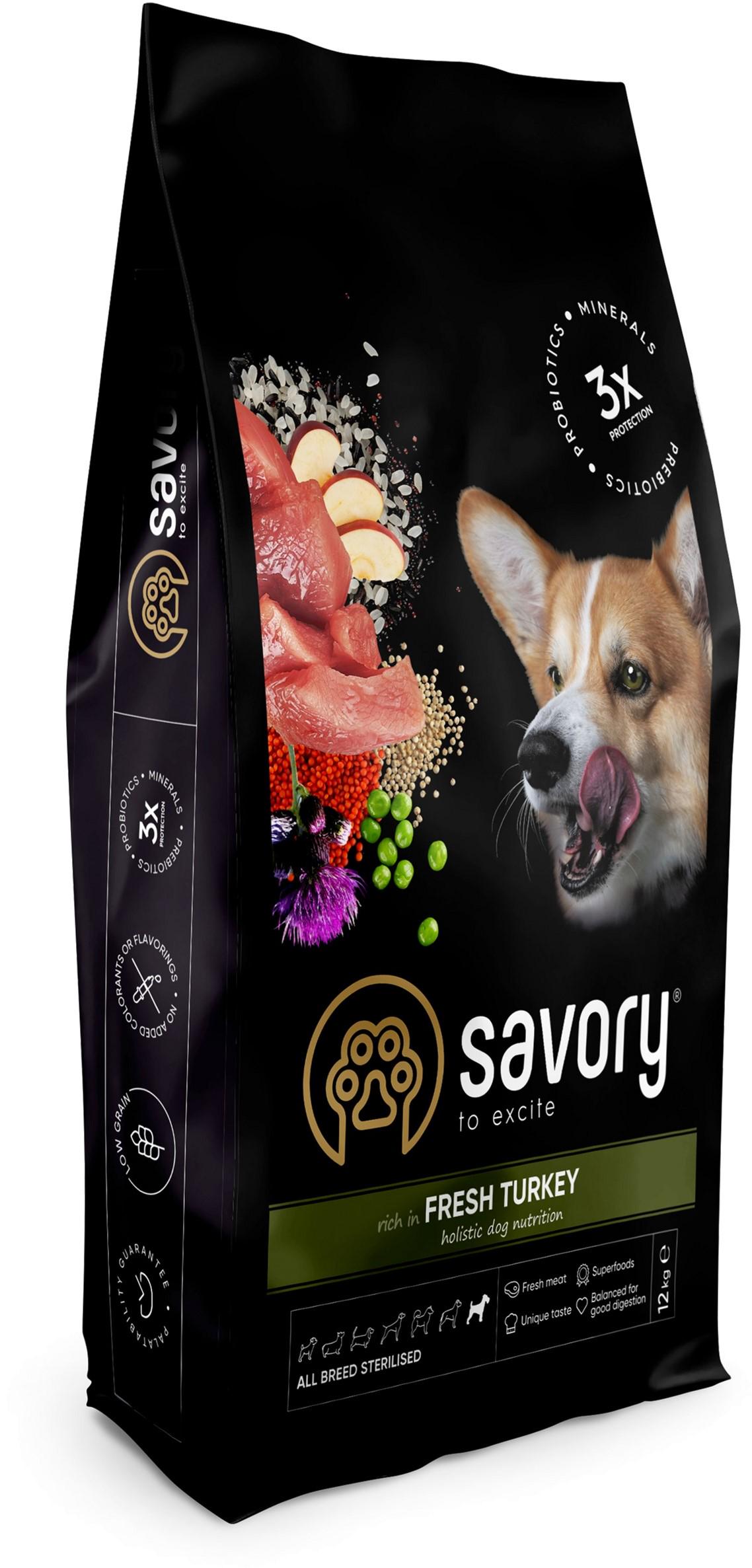 Корм сухий для стерилізованих собак Savory All Breed Sterilised rich зі свіжим м'ясом індички 12 кг (4820232631515)