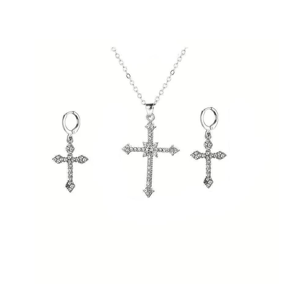 Комплект женских украшений сережки и цепочка с кулоном Крестик со стразами 3 предмета Серебристый (3000004140)