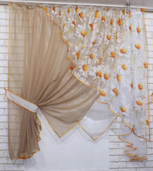 Комплект штор на кухню с подвязками 300х170 см Бежевый (063к е883)