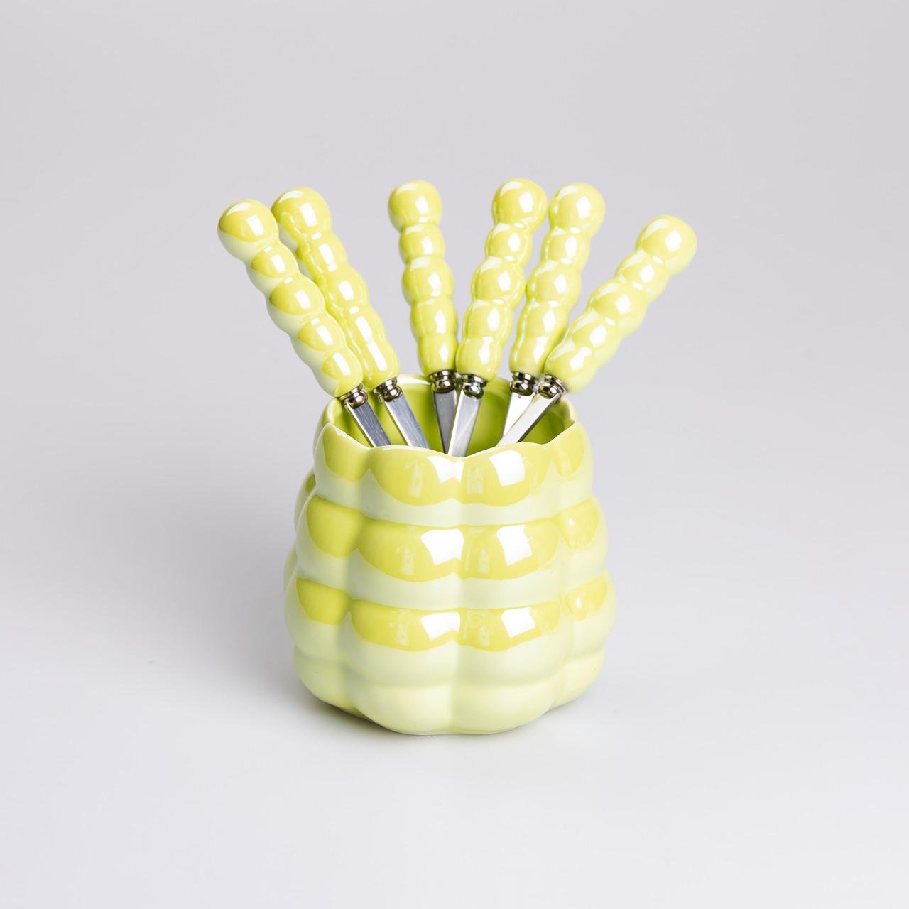 Набір десертних виделок та ложок з керамічними ручками та підставкою для 3 персон 7 приладів Салатовий - фото 1 Набір десертних виделок та ложок з керамічними ручками та підставкою для 3 персон 7 приладів Салатовий - фото 1