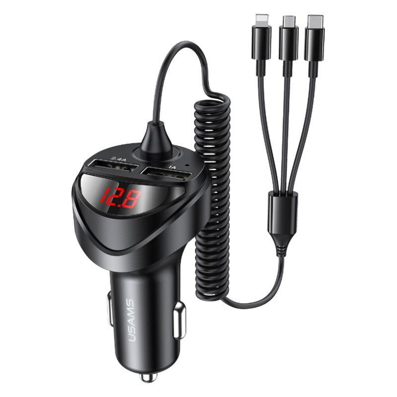 Адаптер автомобильный Usams C22 Dual USB Car Charger With 3в1 Spring Cable US-CC119 (2ef9fcfb)