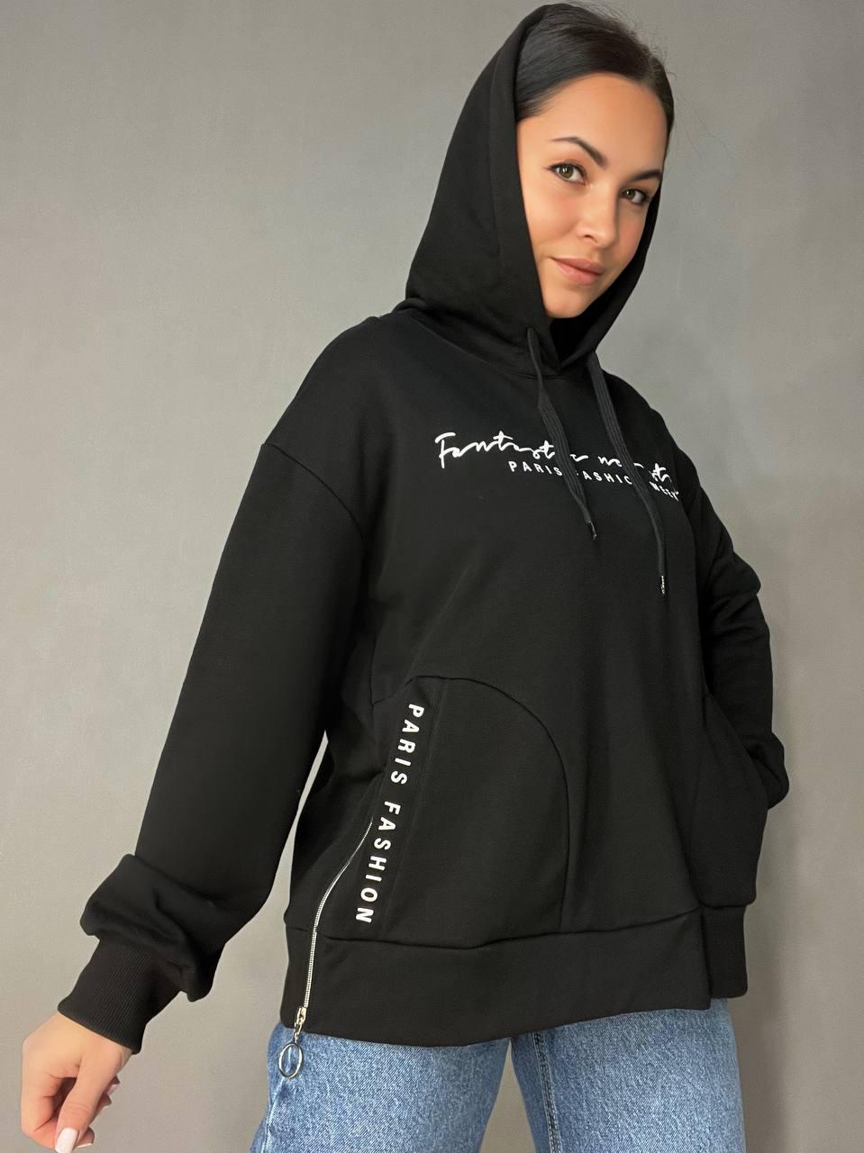 Худи женское JOGGY 8072 оверсайз с капюшоном удлиненное с карманами и молнией S Черный (3322)