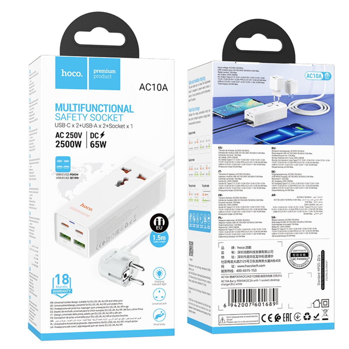 Мережевий фільтр Hoco AC10A Barry PD65W GaN (2C2A with 1 socket) білий - фото 6