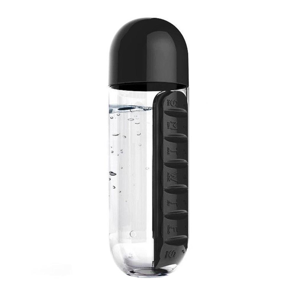 Бутылка для воды Pill Vitamin Water Bottle со съемной таблетницой и шрифтом Брайля Черный